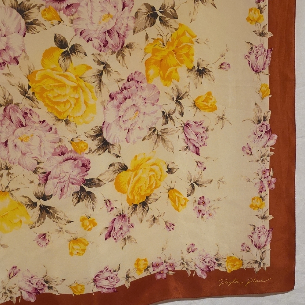 Vintage Peyton Place Floral Silk Scarf in Rust, Cream & Yellow - Picture 6 of 12